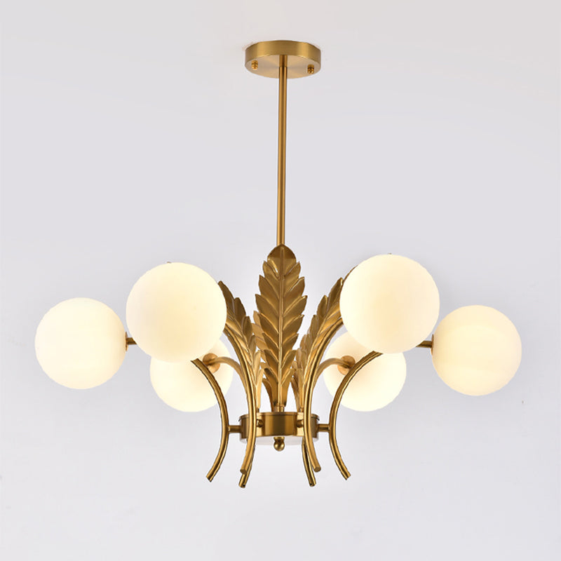 Lampadario a sfera a soffitto Simplicity in vetro bianco/rosa/cognac a 6 luci per soggiorno, lampadario a sospensione a LED con decorazioni a foglie