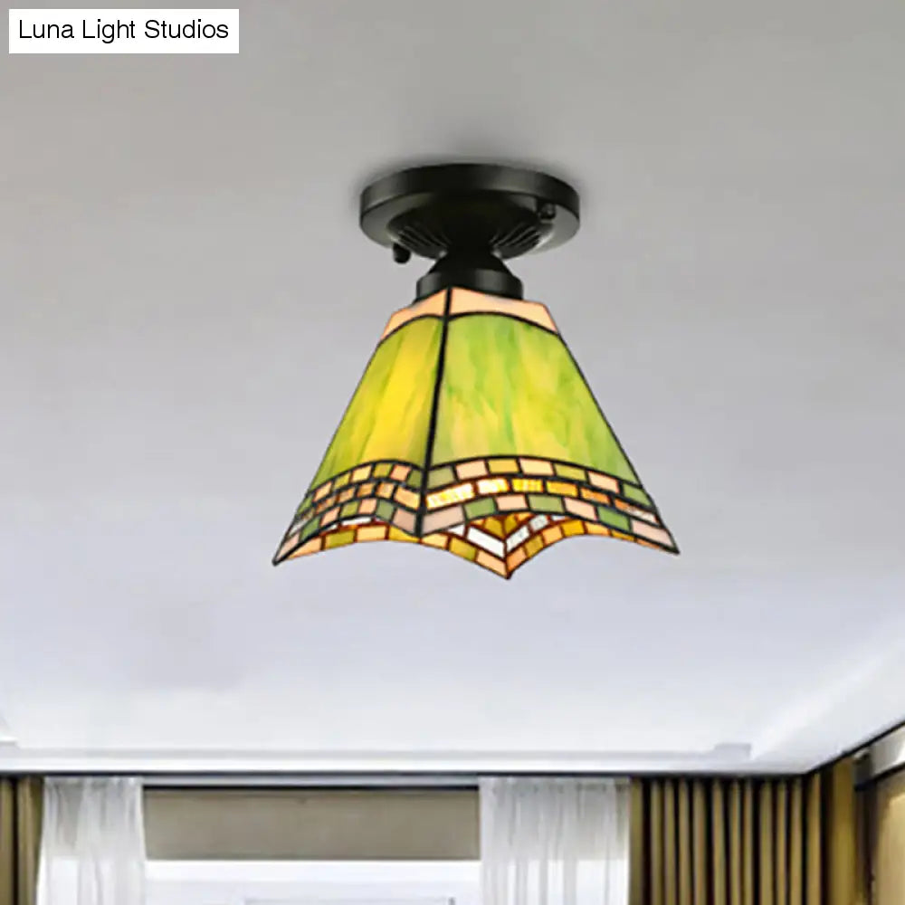 Plafonnier en verre d'art de style Tiffany - Luminaire encastré vert à 1 lumière pour bureaux et couloirs