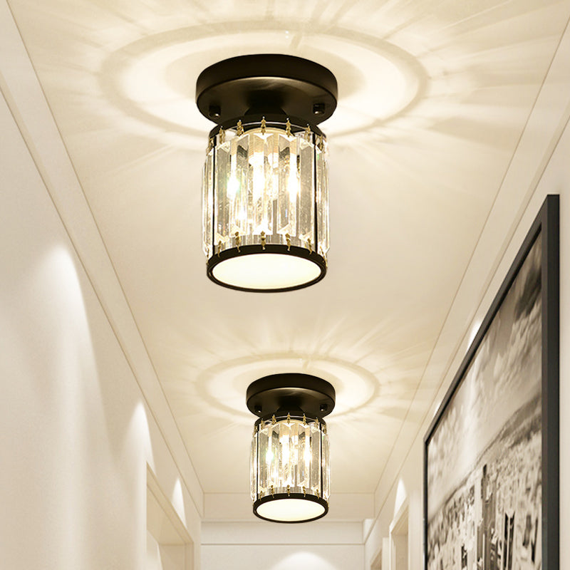 Plafonnier élégant en cristal semi-encastré pour foyer – Forme ronde/carrée, petite taille, 1 ampoule, accent noir/or