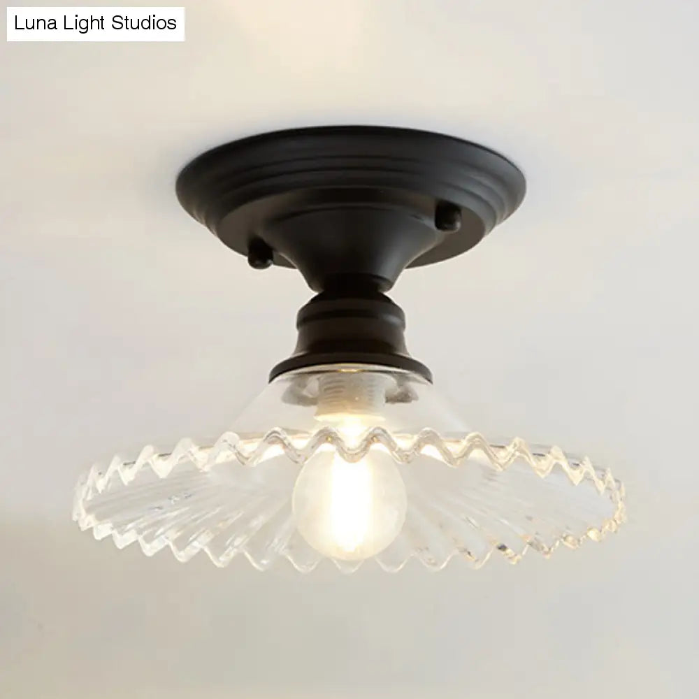 Semi-affleurant industriel festonné – Luminaire à une lumière en verre nervuré transparent/vert pour les espaces intérieurs