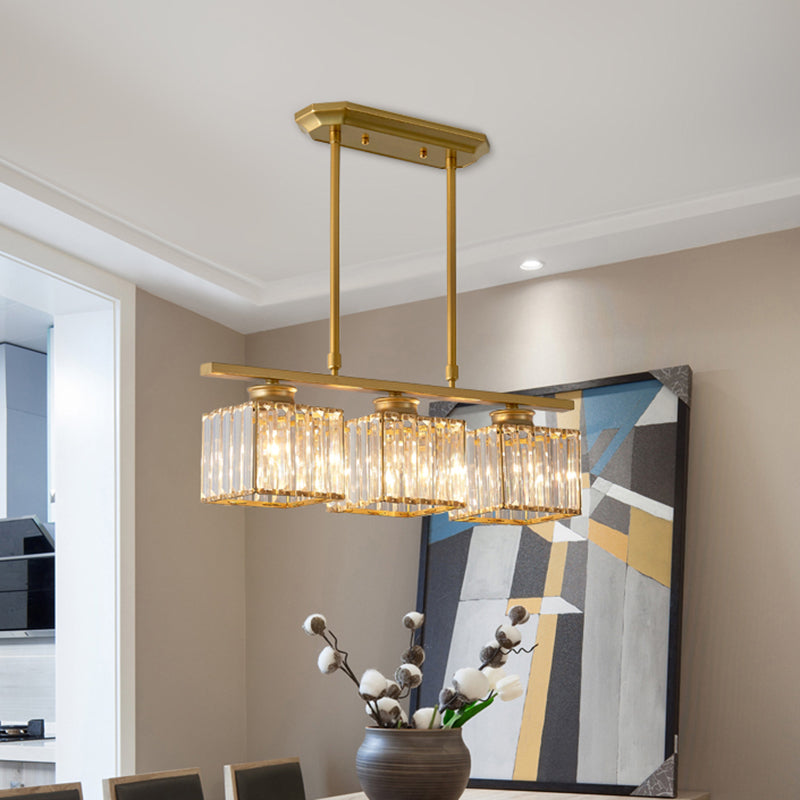 Plafoniera moderna sospesa quadrata a 3/4 luci con cristallo trasparente in nero/oro per sala da pranzo
