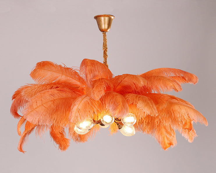 Lampadario da soffitto moderno nordico a 5 luci con piume di struzzo per camera da letto