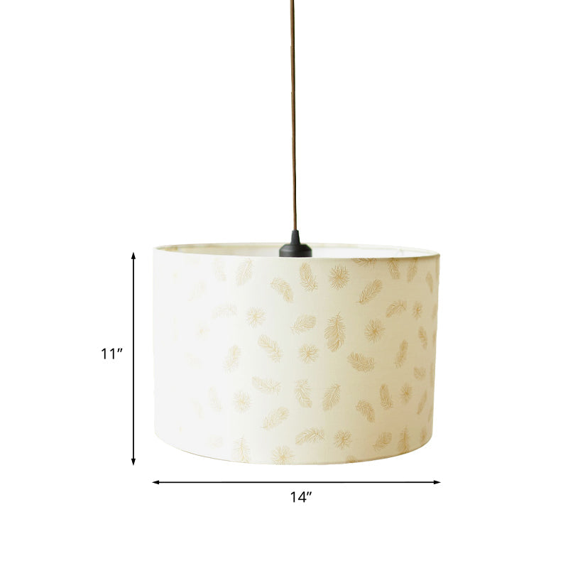 Luminaire suspendu tambour en tissu imprimé nordique – 1 lumière, éclairage à suspension blanc avec motif plume/oiseau/arbre