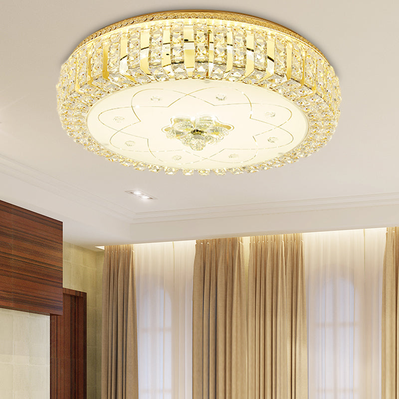 Golden Drum Flushmount Lighting: Modern Crystal and Glass Multi Light Ceiling Lamp (16