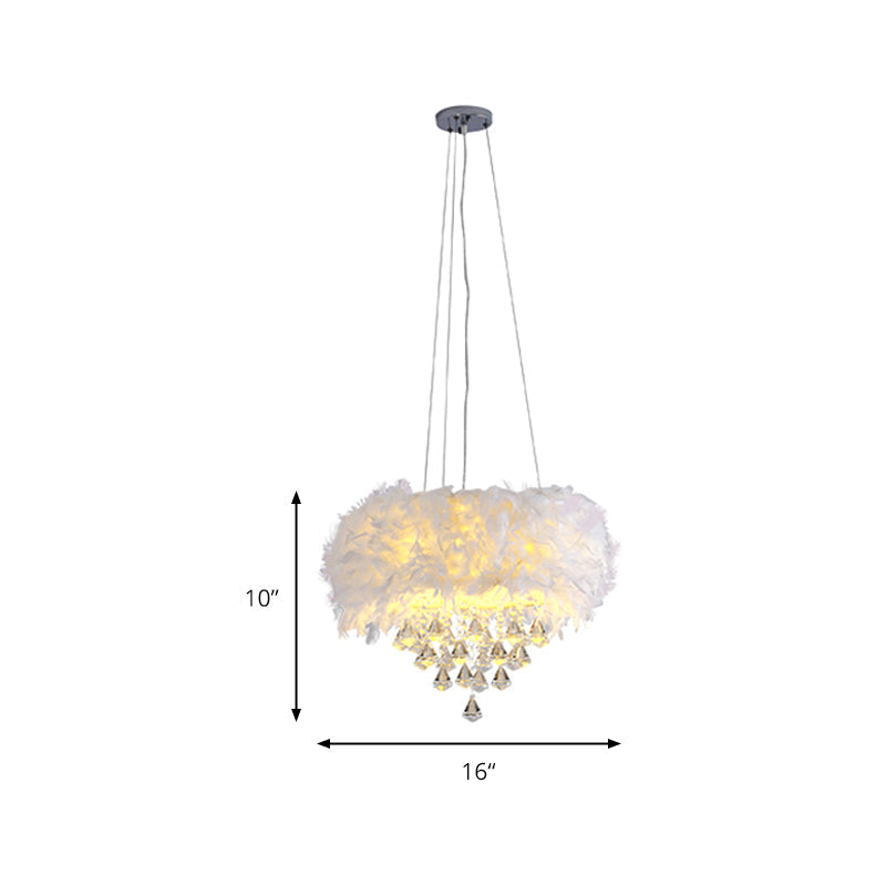 Lampada a sospensione romantica con piume e decorazioni in cristallo: lampada a sospensione per sala da pranzo a tamburo bianco