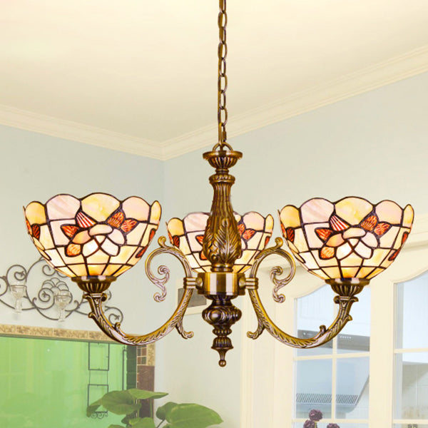 Floral Stained Glass Inverted Chandelier with Chain in Red/Blue for Vintage Bedroom Decor