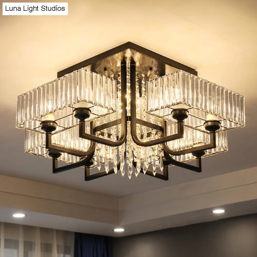 Lámpara de techo semiempotrada negra con cristal prismático para sala de estar - Lámpara de techo rectangular contemporánea