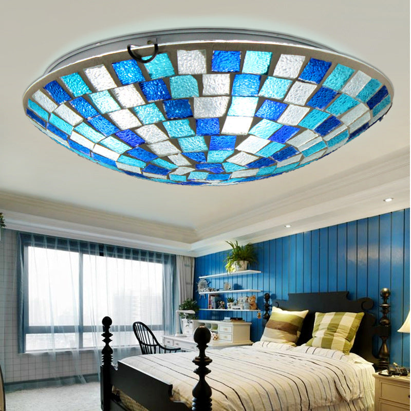 Tiffany Mosaic Glass Ceiling Light - Round Blue Flush Mount (12
