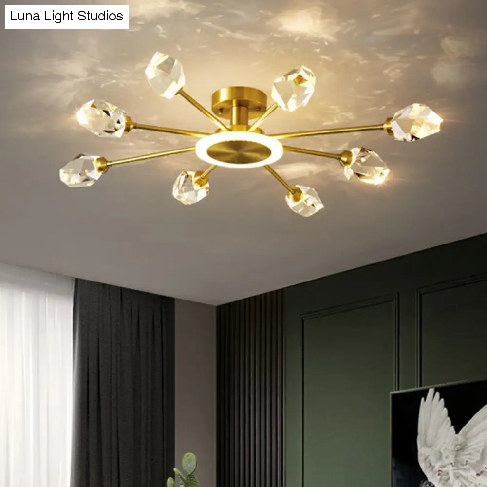 Strahlende Eleganz im Schlafzimmer: Postmoderne goldene LED-Deckenleuchte mit radialem Kristallblock-Design