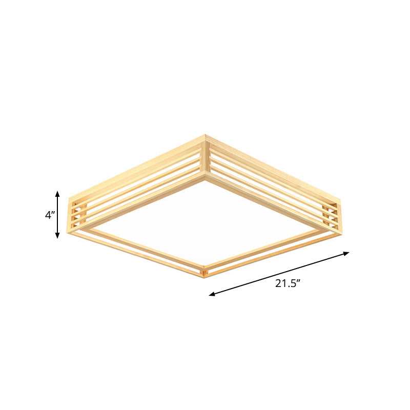 Square Acrylic Flush Ceiling Light - Asian Beige LED Fixture in Warm/White Light with Wood Frame, 14