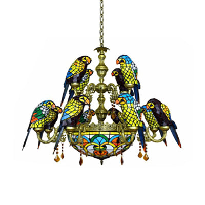 Lampa wisząca Parrot z 12 ramionami, rustykalny żyrandol witrażowy z misą środkową w kolorze żółtym
