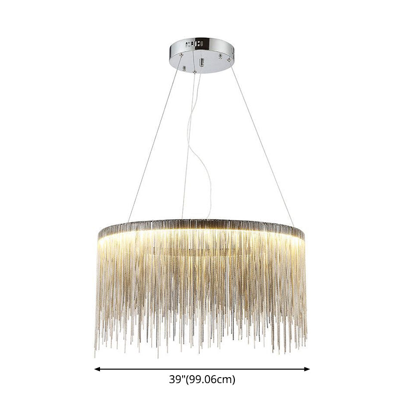 Lampada a sospensione con catena in nappa argento Lampadario da soffitto modernista in metallo di forma rotonda