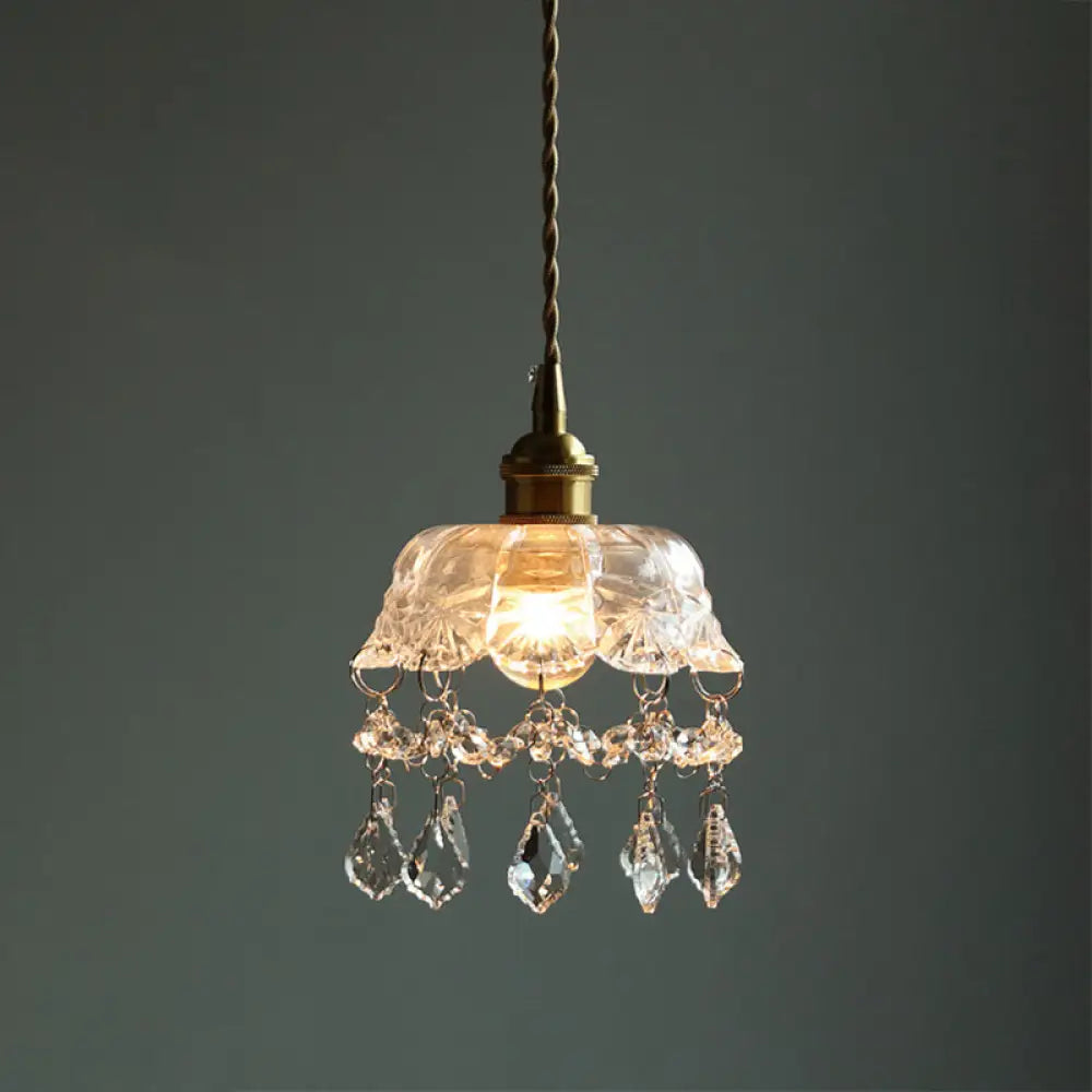 Lampa wisząca z przezroczystego szkła w kształcie kwiatu w stylu vintage z kryształkami w kształcie łezki