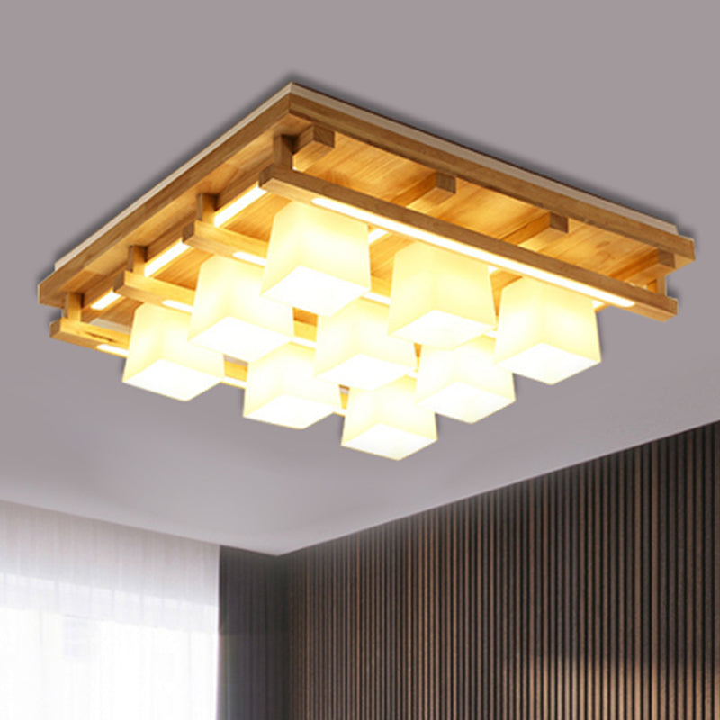 Modernist Wood Square Flush Mount Lighting with 1/4/9 Brown LED Lights and White Glass Cubic Shade in White/Warm Light
