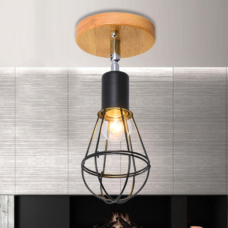 Industrial Loft Ceiling Fixture with Wire Cage and Rotatable Bulb - Black Metallic Semi-Flush Mount for 4
