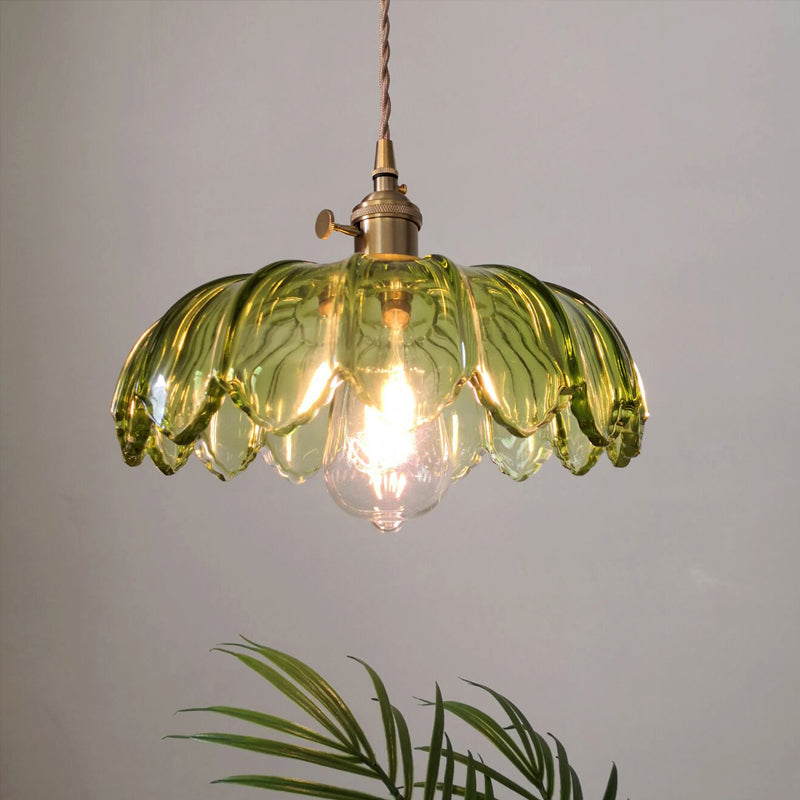 Lampadario a sospensione retrò con paralume smerlato in vetro verde, lampada da soffitto a sospensione da cucina aperta con 1 lampadina in ottone