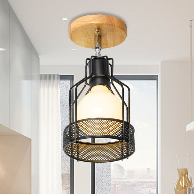 Industrial Loft Ceiling Fixture with Wire Cage and Rotatable Bulb - Black Metallic Semi-Flush Mount for 4