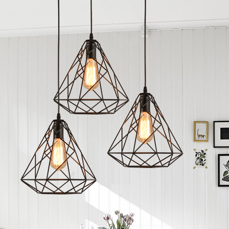 Vintage Diamantkäfig-Pendelleuchte aus Metall für das Esszimmer – Schwarz