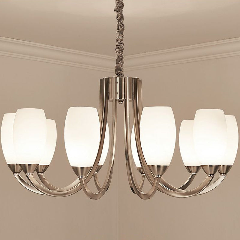 Simplicity Nickel Finish Swoop Arm Chandelier with Oval White Glass Shade: Elegant Metal Pendant Light for Bedrooms