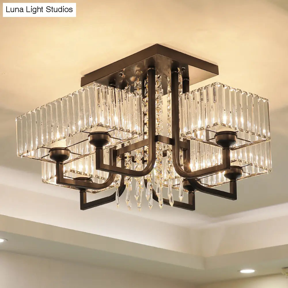 Lámpara de techo semiempotrada negra con cristal prismático para sala de estar - Lámpara de techo rectangular contemporánea