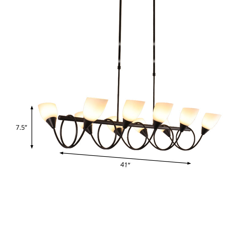 Vintage Black Cup Chandelier Light - 6/8/10 Lights, White Glass, LED Pendant Lamp with Linear Design