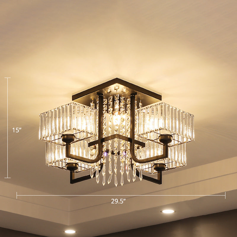 Lámpara de techo semiempotrada negra con cristal prismático para sala de estar - Lámpara de techo rectangular contemporánea