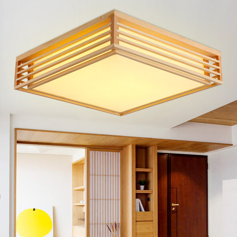 Square Acrylic Flush Ceiling Light - Asian Beige LED Fixture in Warm/White Light with Wood Frame, 14