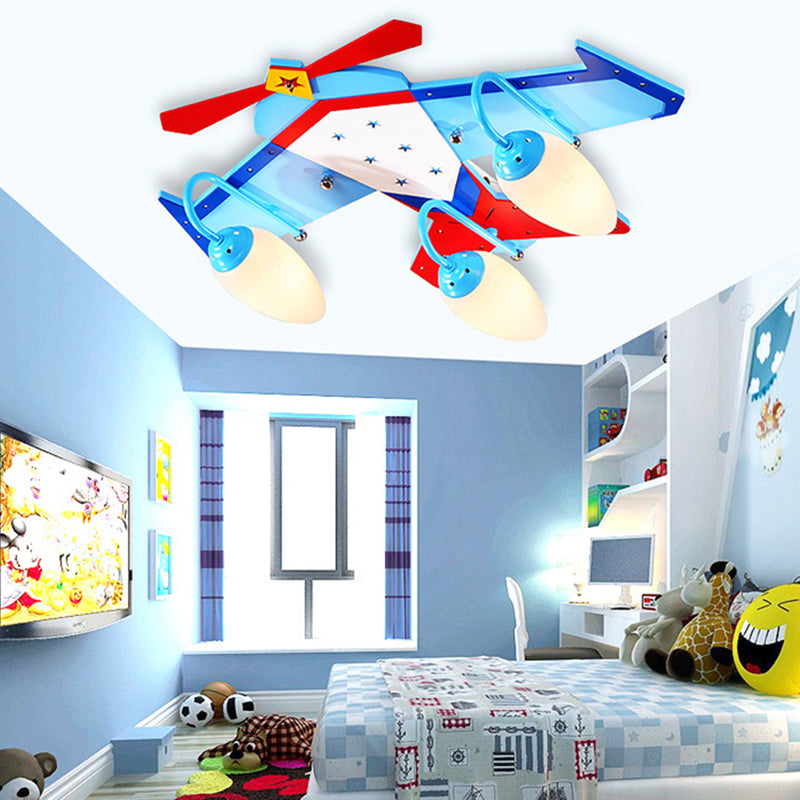 Lámpara de techo empotrada en color azul para niños con pantalla de cristal color crema ovalada, lámpara de techo empotrada en forma de plano de madera con acabado de madera