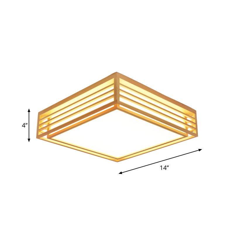 Square Acrylic Flush Ceiling Light - Asian Beige LED Fixture in Warm/White Light with Wood Frame, 14