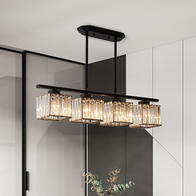 Plafoniera moderna sospesa quadrata a 3/4 luci con cristallo trasparente in nero/oro per sala da pranzo