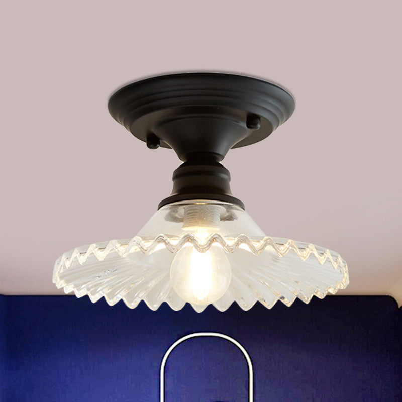 Semi-affleurant industriel festonné – Luminaire à une lumière en verre nervuré transparent/vert pour les espaces intérieurs