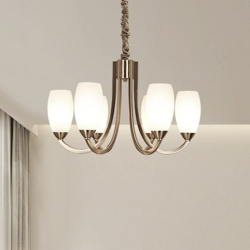 Simplicity Nickel Finish Swoop Arm Chandelier with Oval White Glass Shade: Elegant Metal Pendant Light for Bedrooms
