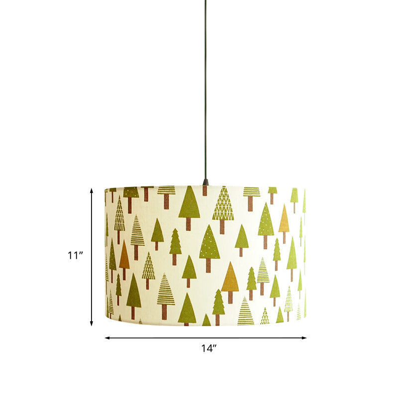 Luminaire suspendu tambour en tissu imprimé nordique – 1 lumière, éclairage à suspension blanc avec motif plume/oiseau/arbre