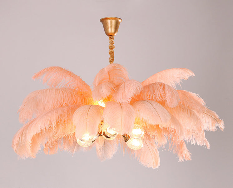 Lampadario da soffitto moderno nordico a 5 luci con piume di struzzo per camera da letto