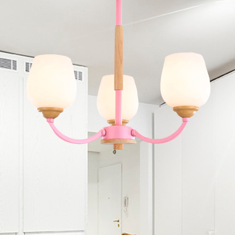 Macaron Loft Bud Shade Chandelier Light - Milk Glass Pendant for Child Bedroom in Green/Grey/Pink/White