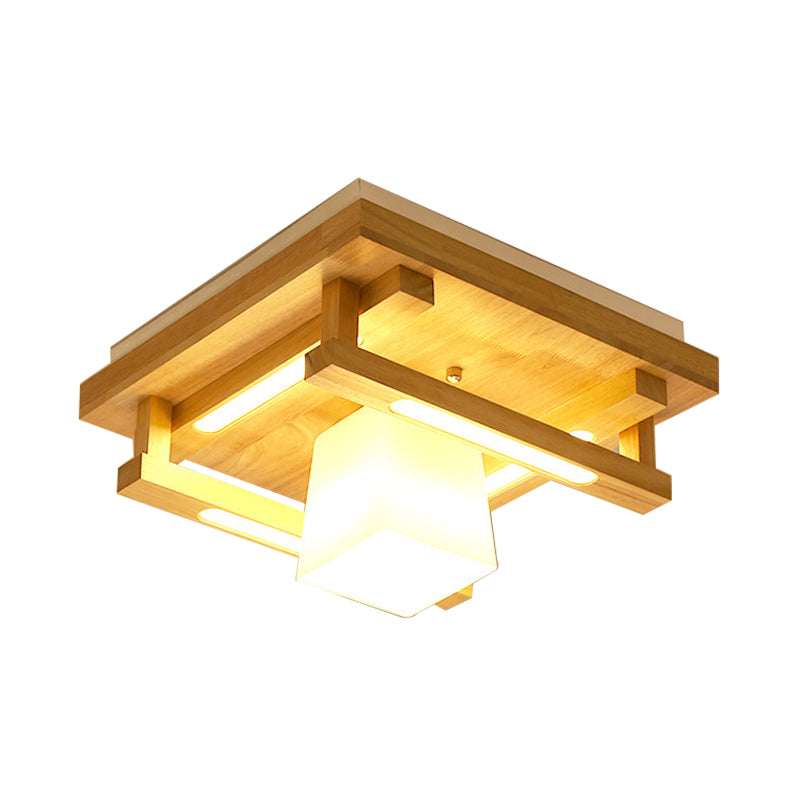 Modernist Wood Square Flush Mount Lighting with 1/4/9 Brown LED Lights and White Glass Cubic Shade in White/Warm Light