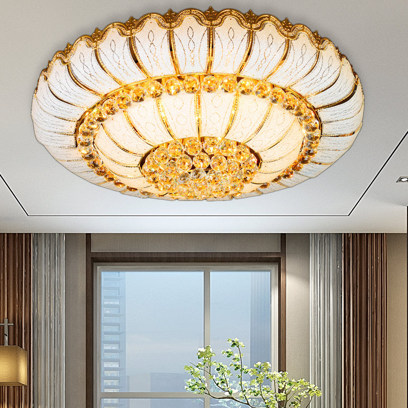 Modern Gold Flush Mount Ceiling Light with K9 Crystal Accents - 10/19-Lights, Glass Shade - 18