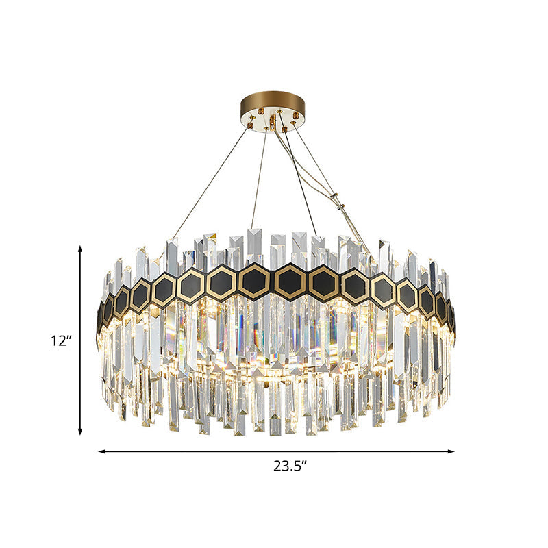LED Crystal Icicle Chandelier with Mid Century Circle Design & Honeycomb Belt in Black-Gold