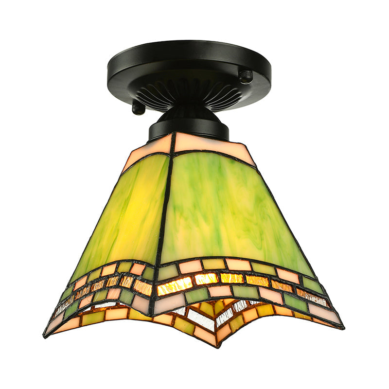 Plafonnier en verre d'art de style Tiffany - Luminaire encastré vert à 1 lumière pour bureaux et couloirs