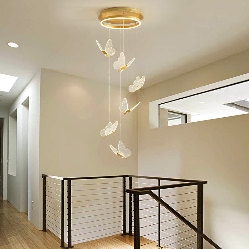 Schmetterlings-Wendeltreppen-Deckenbeleuchtung, Acryl, moderne LED-Mehrlicht-Pendelleuchte in Gold