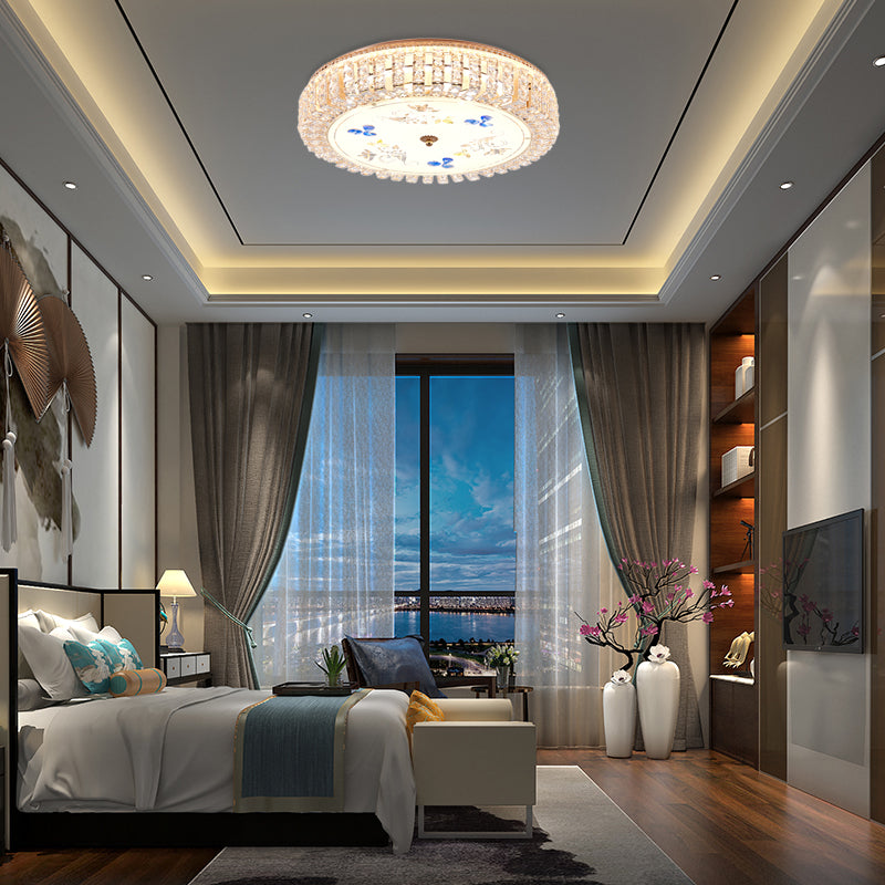 Golden Drum Flushmount Lighting: Modern Crystal and Glass Multi Light Ceiling Lamp (16