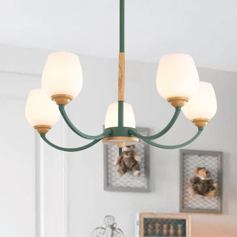 Macaron Loft Bud Shade Chandelier Light - Milk Glass Pendant for Child Bedroom in Green/Grey/Pink/White