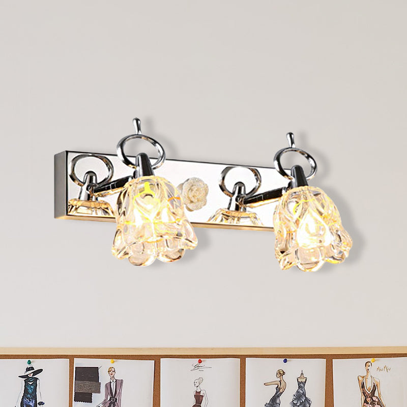Lámpara de pared para tocador con pantalla de flores moderna, vidrio transparente, acabado plateado, 2/3 luces, ideal para baño, 12