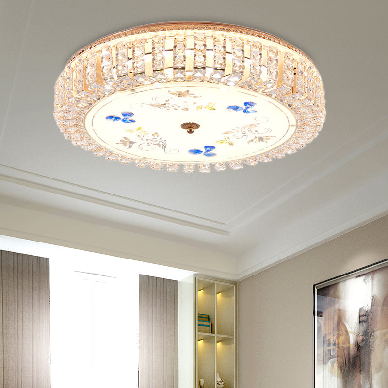 Golden Drum Flushmount Lighting: Modern Crystal and Glass Multi Light Ceiling Lamp (16