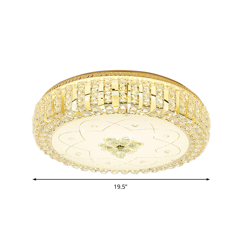 Golden Drum Flushmount Lighting: Modern Crystal and Glass Multi Light Ceiling Lamp (16
