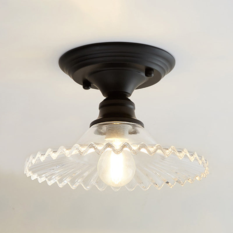 Semi-affleurant industriel festonné – Luminaire à une lumière en verre nervuré transparent/vert pour les espaces intérieurs