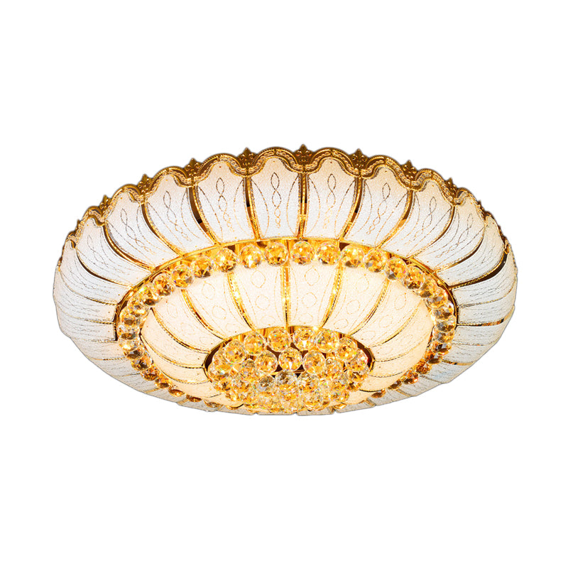 Modern Gold Flush Mount Ceiling Light with K9 Crystal Accents - 10/19-Lights, Glass Shade - 18