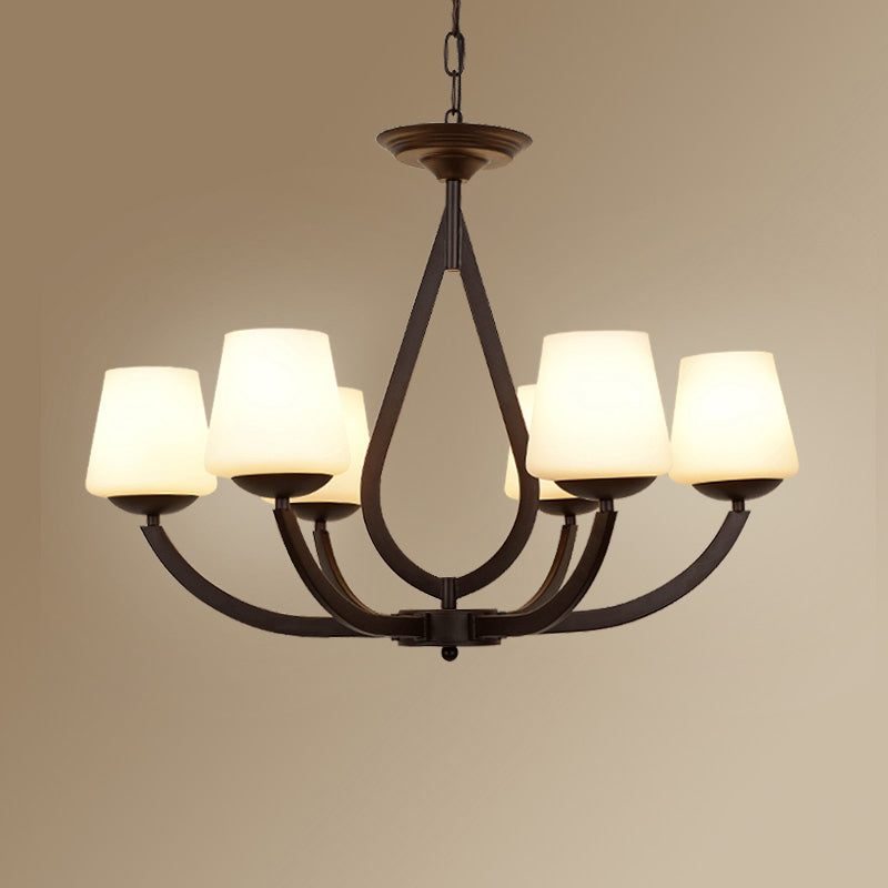 Vintage Pendant Light with Milk Glass Shade - Metal Black Finish Chandelier Swoop Arm