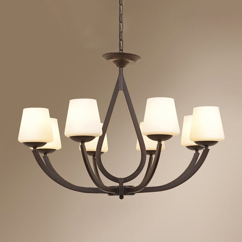 Vintage Pendant Light with Milk Glass Shade - Metal Black Finish Chandelier Swoop Arm