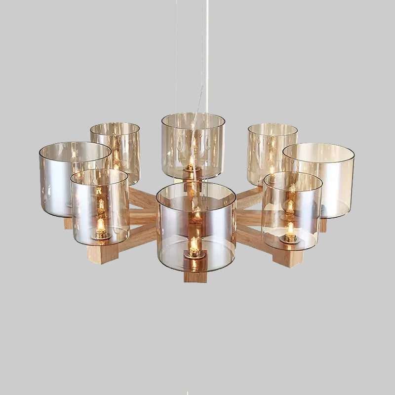 Industrial Wood Cylinder Chandelier with Radial Design - 4/6/8 Lights, Amber Glass Hanging Pendant Lamp